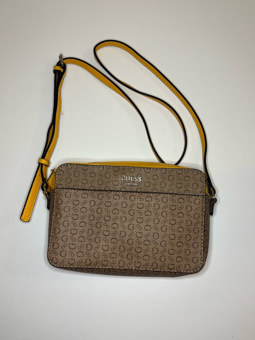 GUESS Brown Monogram Crossbody with Yellow Trim